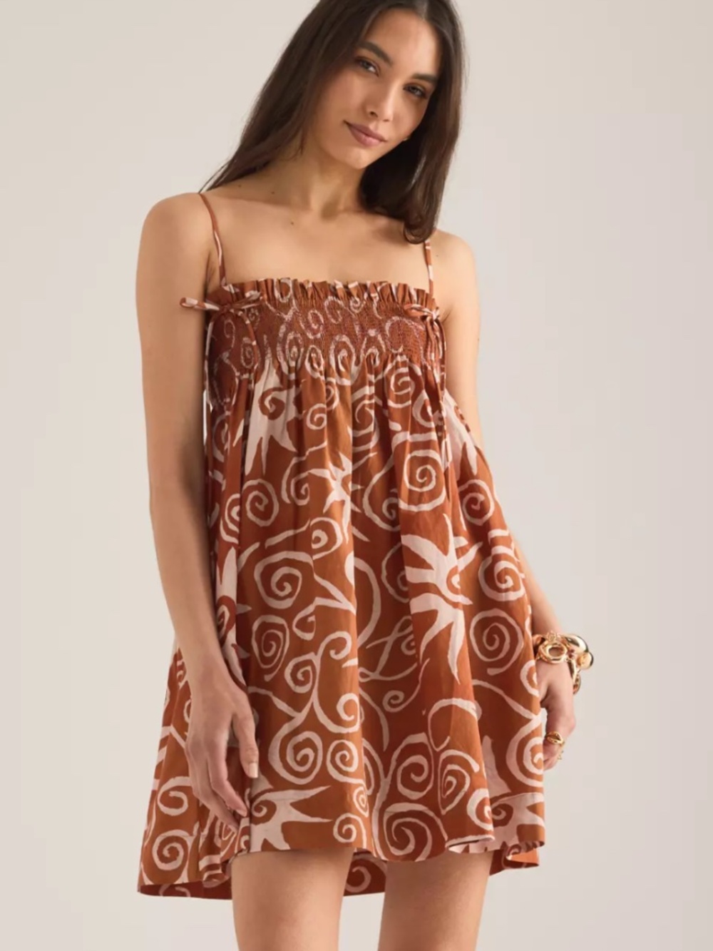 Damson Madder Lilo Mini Dress Size US 8 Brown Orange Smocked Anthropologie *READ